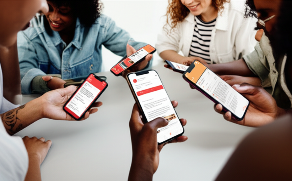 A diverse group of young adults openly discussing finances and budgets around a table with smartphone screens displaying social media feeds subtly in the background The atmosphere is collaborative and slightly vibrant contrasting with abstract representations of financial stress or numbers Use modern clean design aesthetics